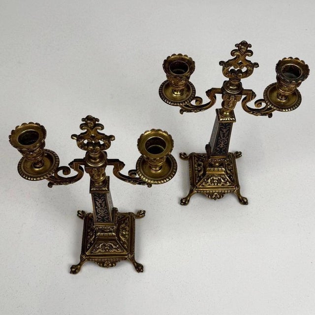 19th Century Antique French Brass and Ebony 2-Light Candelabras, Set of 2 For Sale - Image 9 of 10