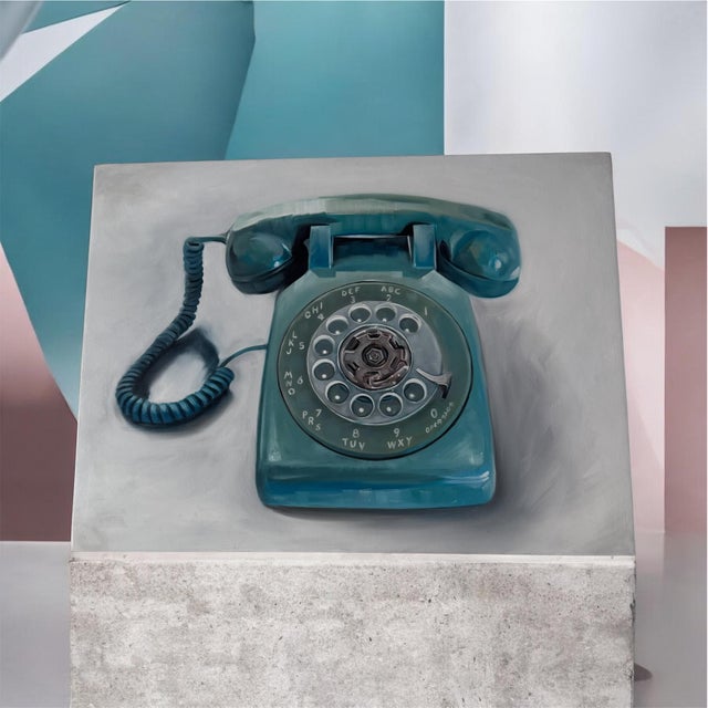 Wood Mid-Century Modern Turquoise Rotary Telephone Still Life Art Print Painting Phone Dial Telephone Oil Board Framed Signed For Sale - Image 7 of 18