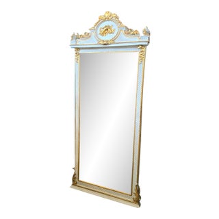 French Neoclassical Floor Mirror With White & Gold Leaf Frame and Decorative Pediment For Sale