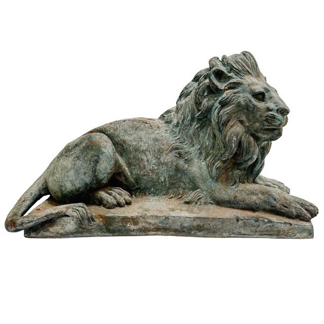 Grand Scale Vintage Continental European Patinated Bronze Recumbent Lions - Pair For Sale - Image 11 of 18