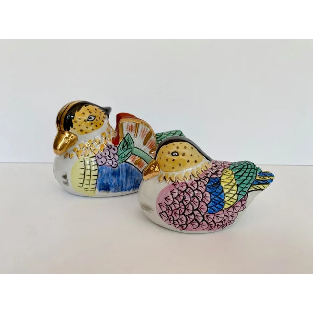 Traditional 1950s Hand Painted Ceramic Pair of Birds Ducks Gold and Pastel Colors For Sale - Image 3 of 6