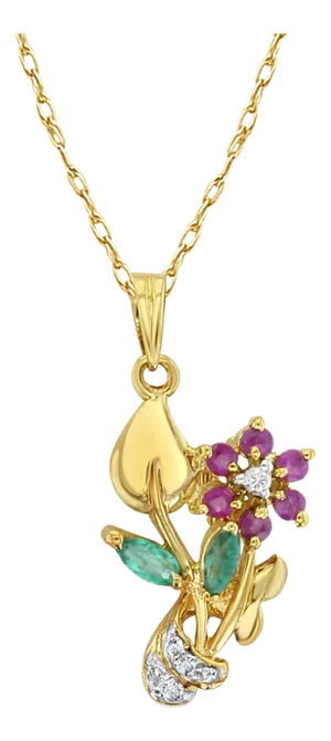Ruby, Emerald & Diamond Flower Shaped Necklace 14k Yellow Gold 16"