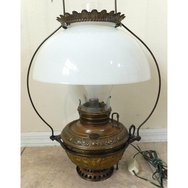 Bradley Hubbard Antique C1887 Bradley & Hubbard Milk Glass Cast Iron Hanging Lantern Electrified Lamp For Sale - Image 4 of 15