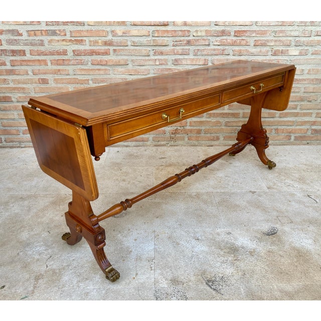 Mid 20th Century Winged Console Table in Walnut with Claw Feet in Bronze with Drawers and Wheels For Sale In Miami - Image 6 of 18