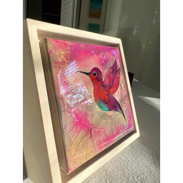 Contemporary Hummingbird #5 by Ana Hefco | Tinted Layered Resin on Stretched Canvas of a hummingbird in flight For Sale - Image 3 of 4