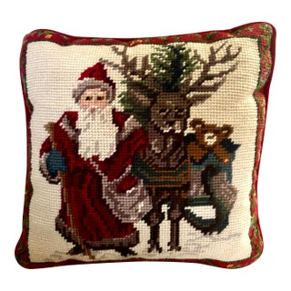 Vintage Christmas Old World Santa Needlepoint Pillow For Sale