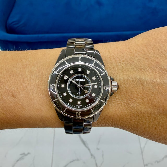 Metal Ladies Chanel J12 Black Ceramic 33mm H1625 Icon 12 Diamond Steel Quartz Watch For Sale - Image 7 of 8