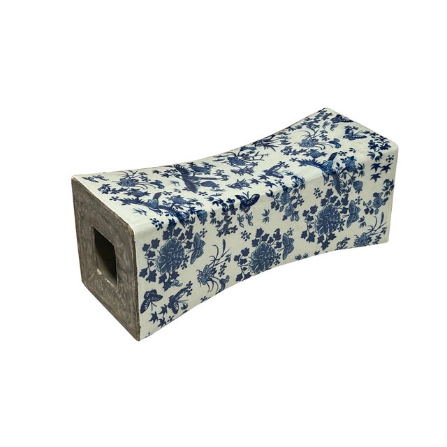 Chinese Blue White Porcelain Flowers Pillow Shape Display Art For Sale - Image 4 of 13