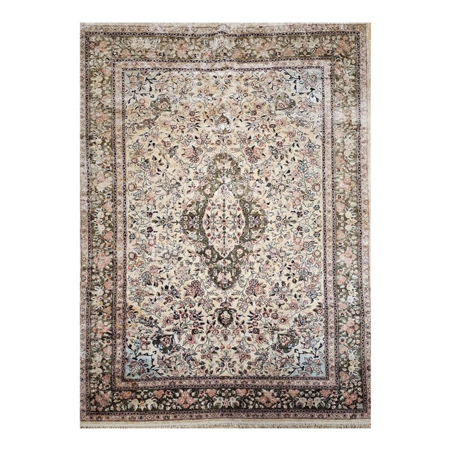 Vintage Indian Silk Rug, Hand-Knotted, Floral Medallion Design, 6' x 9' For Sale
