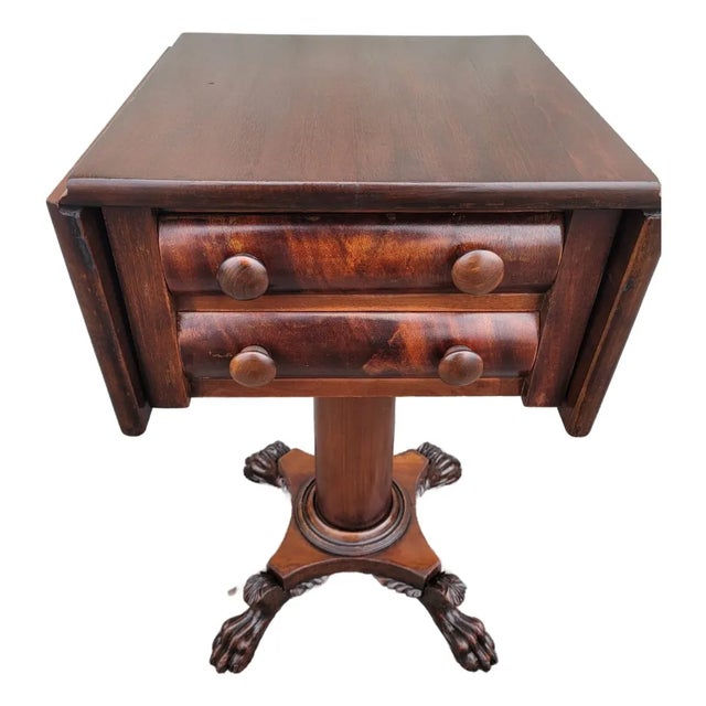 19th Century Mahogany Empire Drop Leaf End Table Hand Carved For Sale