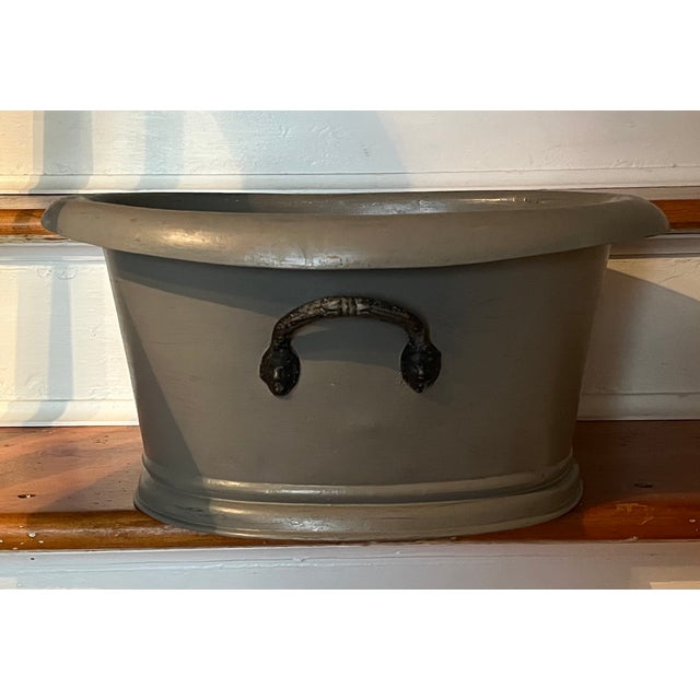 Antique 19th Century French Second Empire Tole Gray Painted Oval Jardiniere Cachepot Planter With Mask Handles For Sale - Image 10 of 18