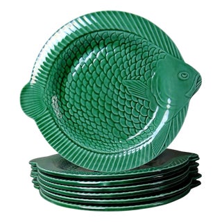 Green Fish Barbotine Flat Plates from Sarreguemines, Set of 7 For Sale