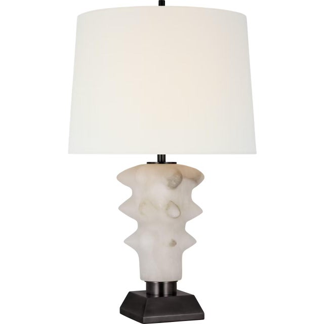 Transitional Thomas O'Brien by Visual Comfort Signature Luxor Medium Table Lamp in Alabaster and Bronze with Linen Shade For Sale - Image 3 of 3