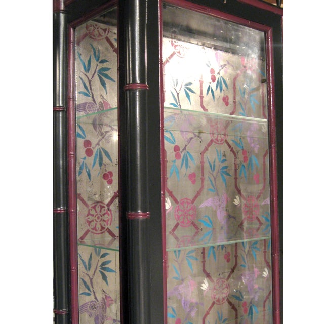 Faux Bamboo Silver Leafed & Hand Painted Display China Cabinets - a Pair For Sale - Image 9 of 13