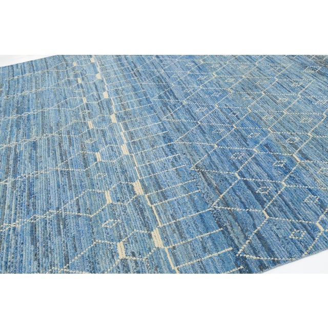 Textile Modern Moroccan Style Wool Rug Handwoven Blue With Tribal Geometric Motifs For Sale - Image 7 of 10