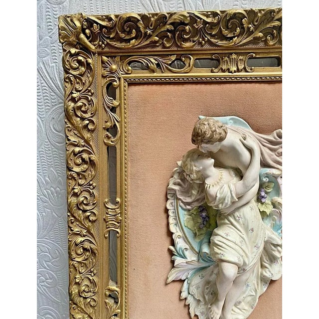 Victorian Antique Bisque Lovers Porcelain Figural Gold Wood Frame For Sale - Image 3 of 7