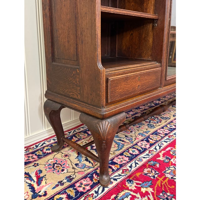 Antique English Bookcase Bookshelf Cabinet Glass Oak Queen Anne Legs 1920s-30s For Sale - Image 13 of 18