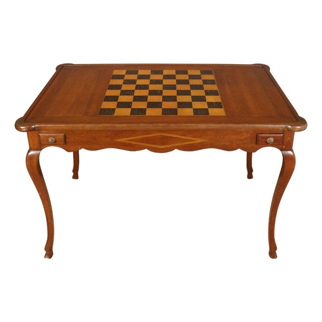 French Provincial Games Table With Chessboard Top and Two Drawers For Sale