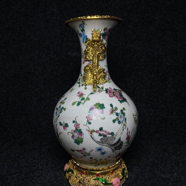 Vintage Gilt Bronze Mounted Porcelain Vase - Famille Rose Floral Motif For Sale - Image 4 of 9