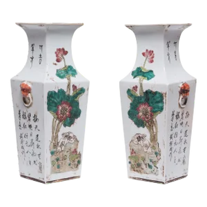 Pair of Chinese Squared Fantail Vases With Egrets Beneath Lotus