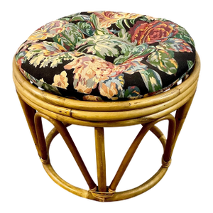 1980s Vintage Boho Chic Coastal Wicker Bentwood Low Stool, Upholstered Cushion