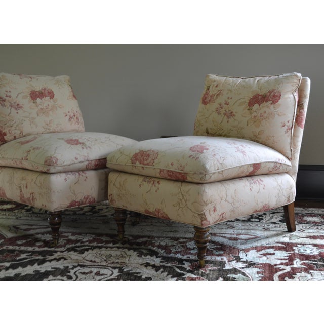 English Upholstered Slipper Chairs on Turned Legs W/Casters - A Pair For Sale - Image 3 of 8