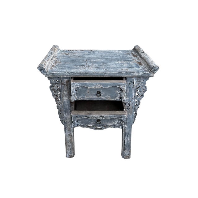 Asian Distressed Pale Blue Grey 2 Drawers Carved Motif End Table Nightstand For Sale - Image 3 of 6