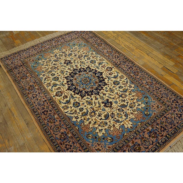 Persian 1940s Beige Floral Medallion Antique Persian Isfahan Rug 3' 7'' X 5' 5'' Handknotted Wool Carpet For Sale - Image 3 of 5