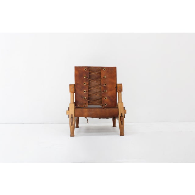 Vintage Brutalist Safari Armchair in Wood and Cognac Leather, 1960s For Sale - Image 6 of 9