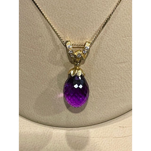 Amethyst Checkerboard Amethyst Drop & Diamond Pendent/Necklace 14 Karat Yellow Gold Chain For Sale - Image 8 of 18
