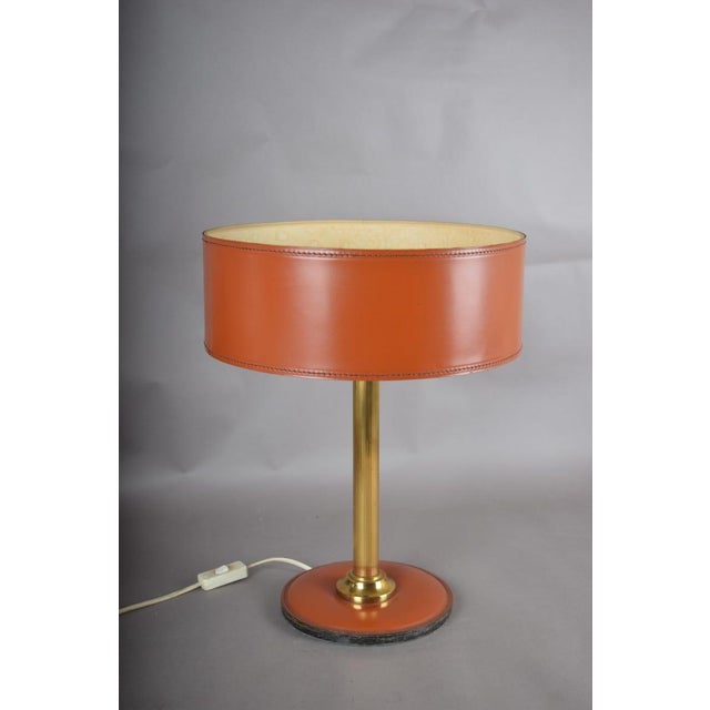 Mid-Century Modern 1950s Mid-Century Modern Leather Drum Lamp With Brass Accents Table Lamp, For Sale - Image 3 of 7