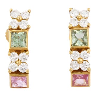 VRJewels 18k Gold Vintage Style 1.5ct Pink & Green Sapphire Diamond Earrings- A Pair For Sale
