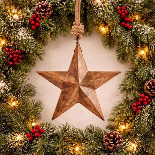 Bring farmhouse charm to your holiday décor with this Wood and Jute Star Ornament. Crafted from natural wood with a rustic...