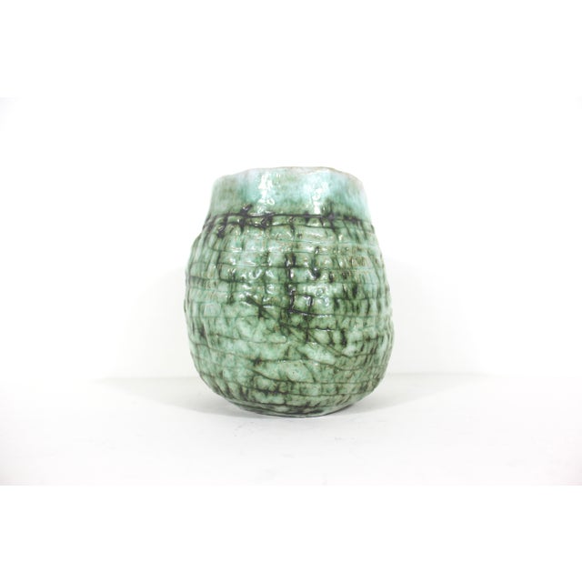 Vintage Textured Green Pottery Vase For Sale - Image 4 of 12