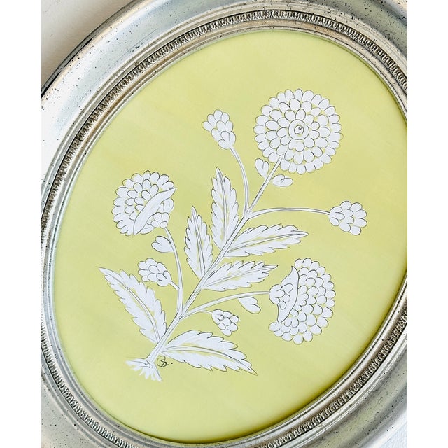 Large Hand-Painted Green & White Abstract Floral Motif Painting, Framed For Sale - Image 4 of 5