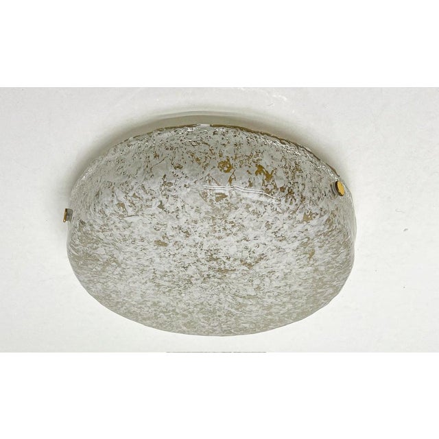 A Mid-Century Ceiling Lamp attributed to Hillebrand Germany 1960s. Rare item! The glass of this drum-shaped lamp has “ice...