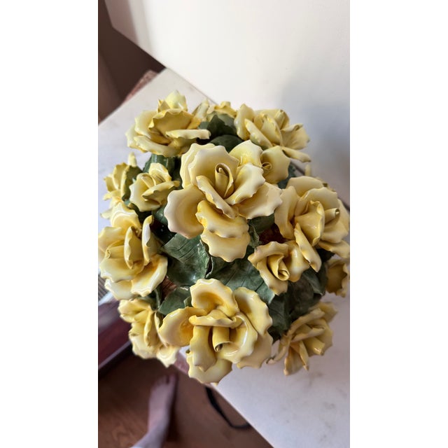 Vintage Italian Capodimonte-Style Porcelain Floral Arrangement Yellow Roses and Green Leaves Set Inside a White Textured Ceramic Basket. For Sale - Image 15 of 16