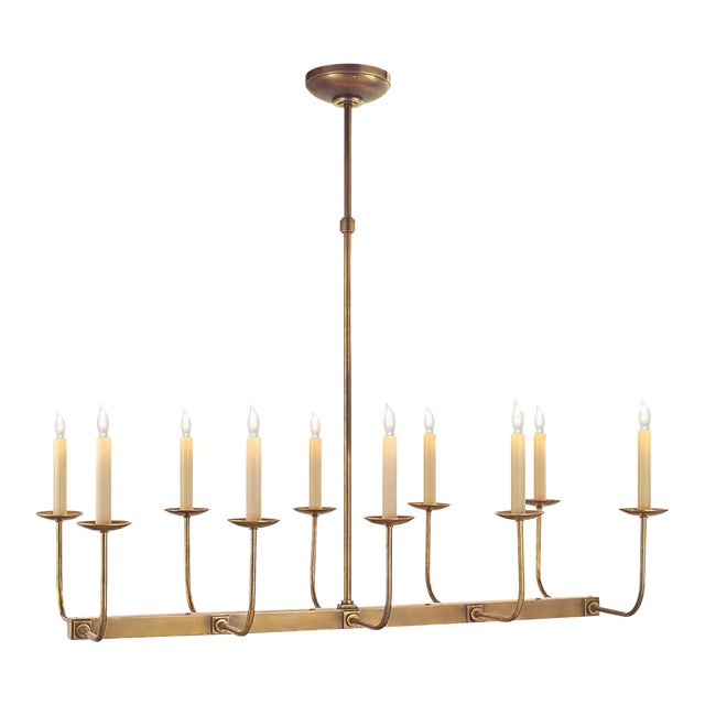 Chapman & Myers for Visual Comfort Signature Linear Branched Chandelier in Hand-Rubbed Antique Brass For Sale