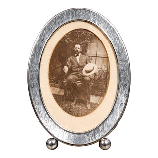 Stately Large Antique Sterling Silver Oval Picture Frame With Period Photo Photograph Man in Suit Bow Tie Fashion Home Decor For Sale