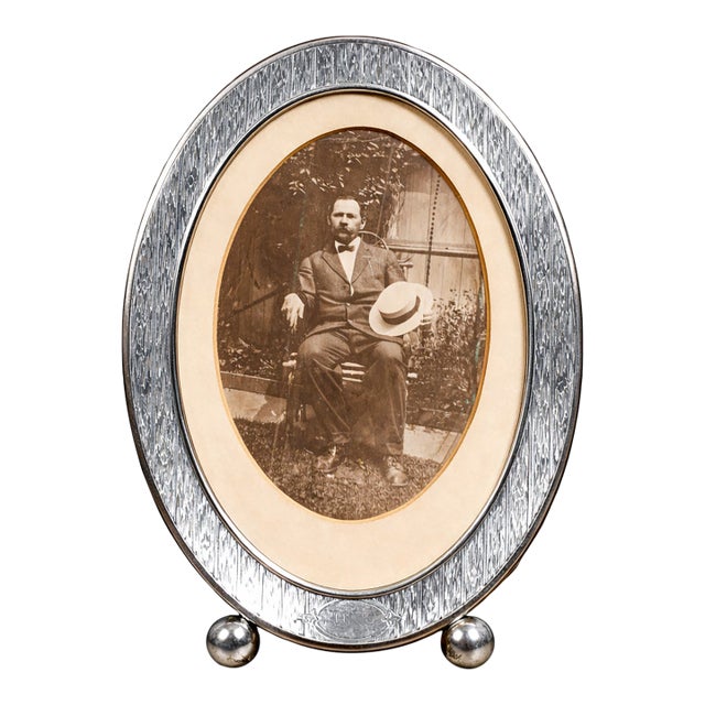 Stately Large Antique Sterling Silver Oval Picture Frame With Period Photo Photograph Man in Suit Bow Tie Fashion Home Decor For Sale