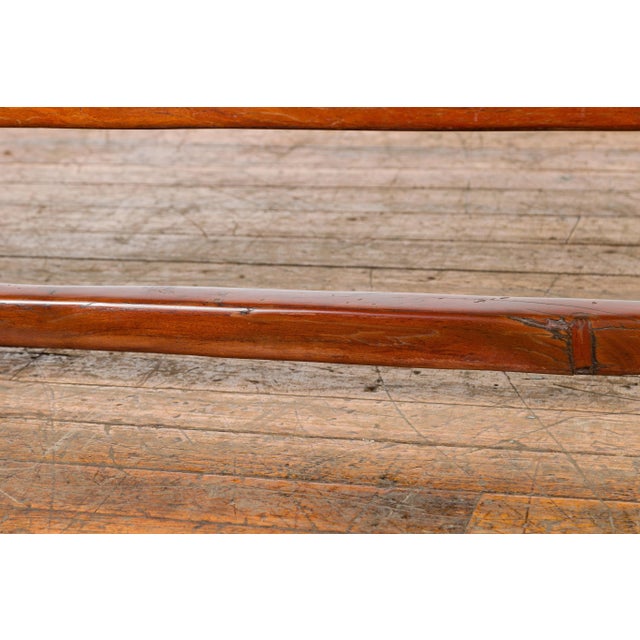 Rustic Long A-Frame Wooden Bench with Cross Stretcher and Splaying Legs For Sale - Image 10 of 12