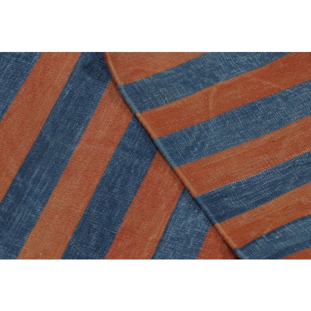 Textile Rug & Kilim’s Indian Dhurrie Runner in Blue and Rust Geometric Stripes For Sale - Image 7 of 9