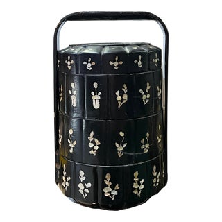 Chinese Vintage Distressed Black Lacquer Mop Inlay Basket For Sale