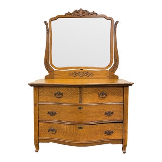 Antique Victorian Tiger Oak Serpentine Dresser With Beveled Mirror For Sale