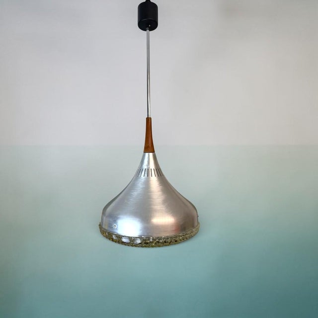 Mid-Century Modern Mid-Century Modern Scandinavian Chromed Aluminium and Glass Hanging Light with Wooden Accent, 1970s For Sale - Image 3 of 15