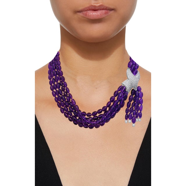 700 Ct Natural Amethyst Multi Layer Bead Necklace in Platinum with 9 Ct Diamonds For Sale - Image 4 of 18