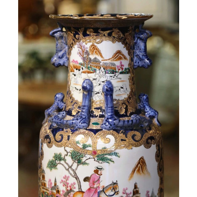 Mid-Century Chinese Hand Painted Glazed Ceramic Vase With Fu Dog Motifs For Sale - Image 4 of 10
