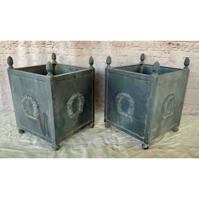 Neoclassical Metal Planters With Laurel Wreath Motif, Pair For Sale - Image 10 of 10