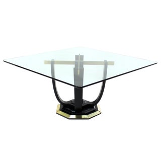 Vintage Mid Century Square Glass Top Black Lacquer Brass Base Dining Table For Sale