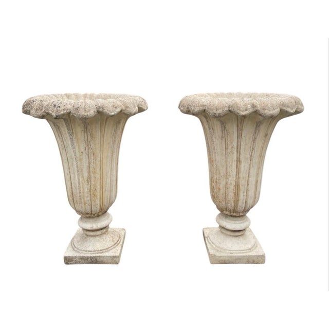 2000 - 2009 Pair of Neoclassical Fluted Cast Stone Garden Urns For Sale - Image 5 of 12